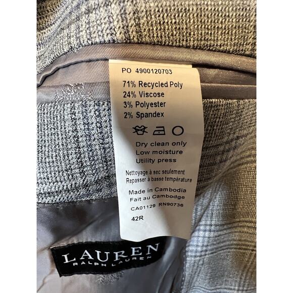 Lauren Ralph Lauren‎ Mens Two Button Blazer Jacket Gray Glen check Size 42R - Picture 12 of 14